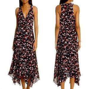 A.L.C Roslyn Silk Print Black Pink V-neck Sleeveless Midi Dress M (10)